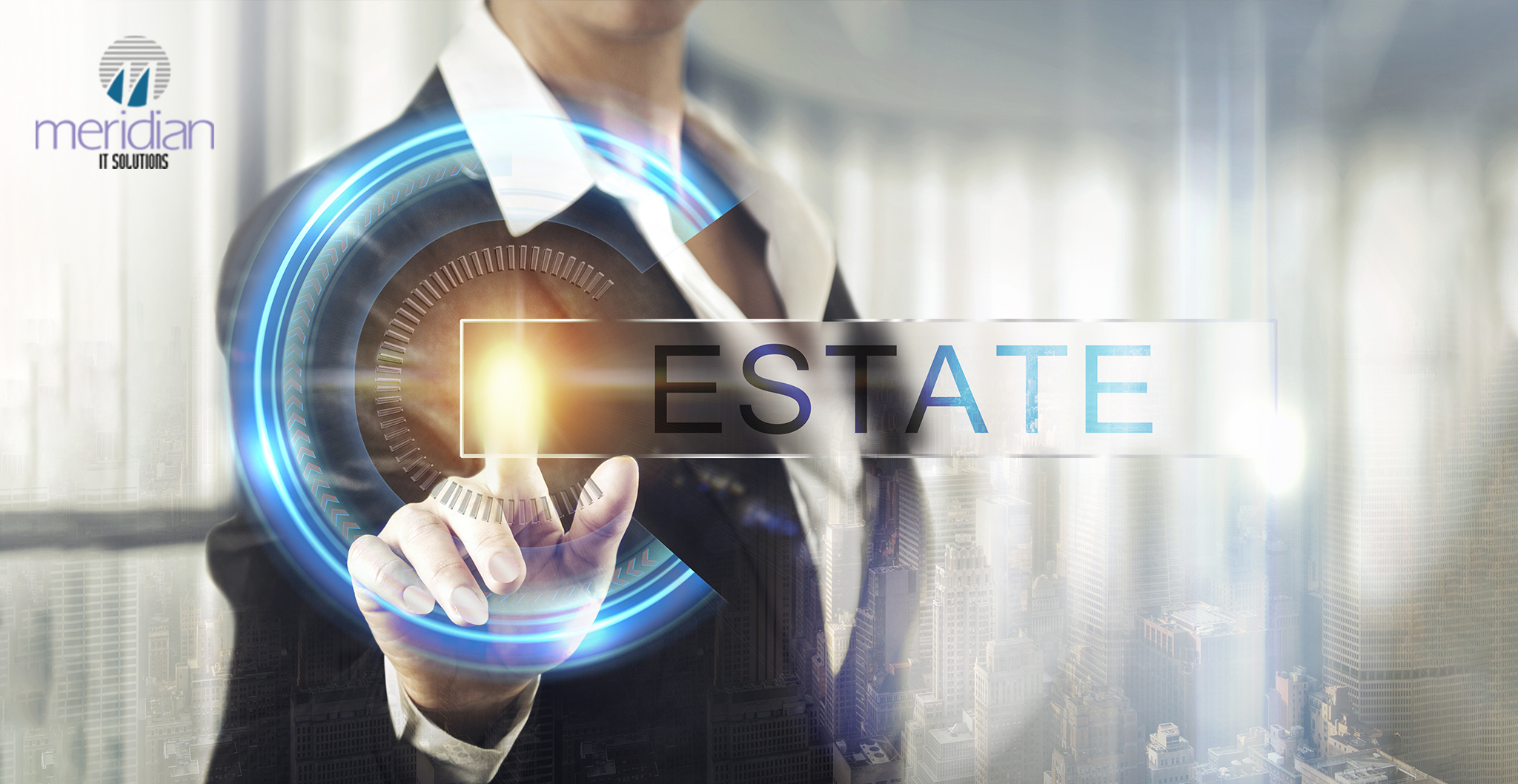 Businesswoman interacting with real estate ERP touchscreen interface